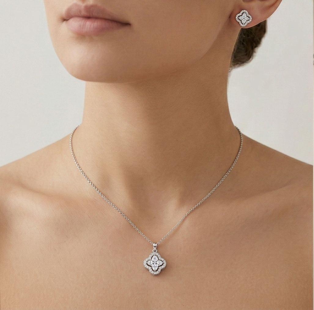 LUXE 925 Sterling Silver Quatrefoil Halo Pendant Necklace and Earrings Set High Polish Finish Fine Jewellery