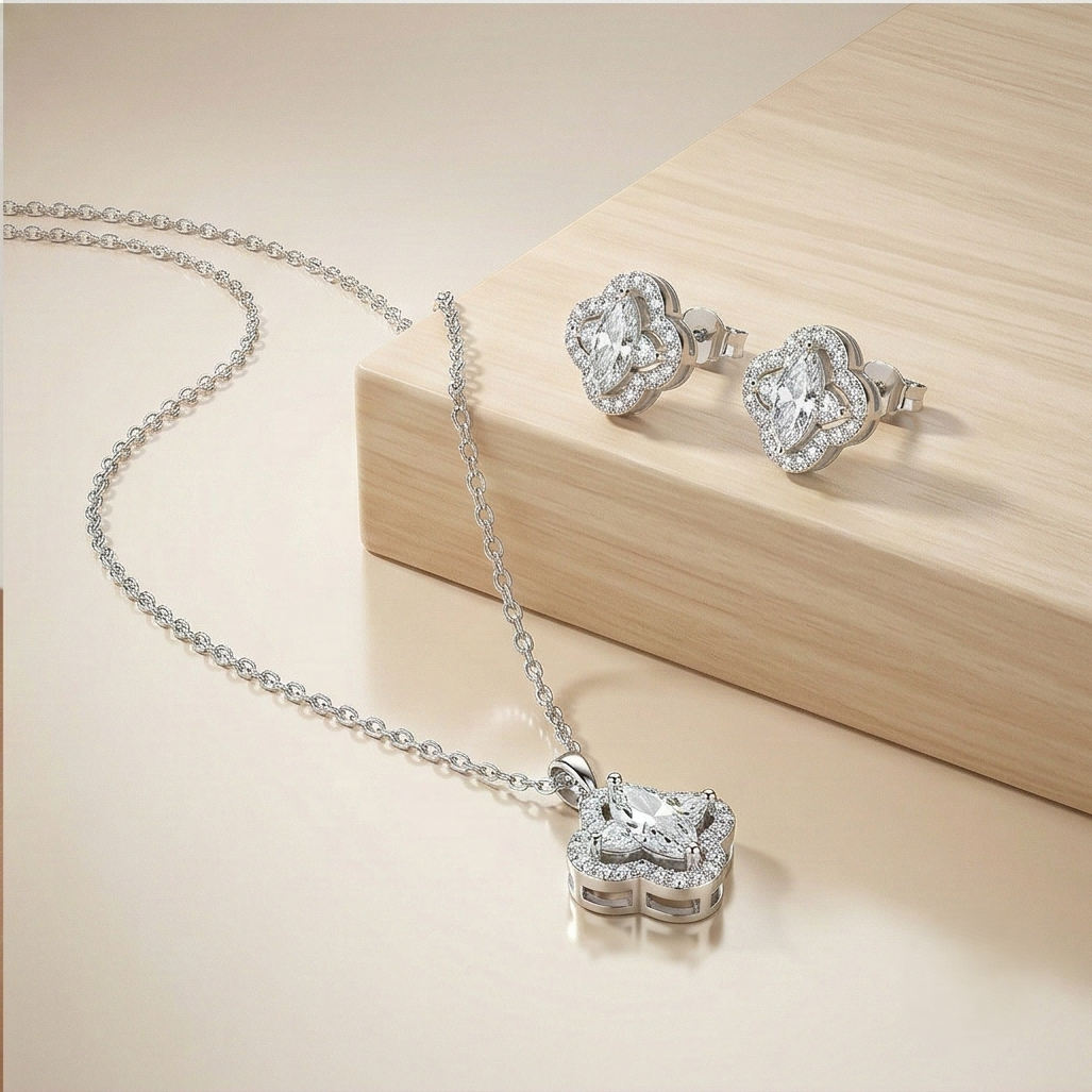 LUXE 925 Sterling Silver Quatrefoil Halo Pendant Necklace and Earrings Set High Polish Finish Fine Jewellery