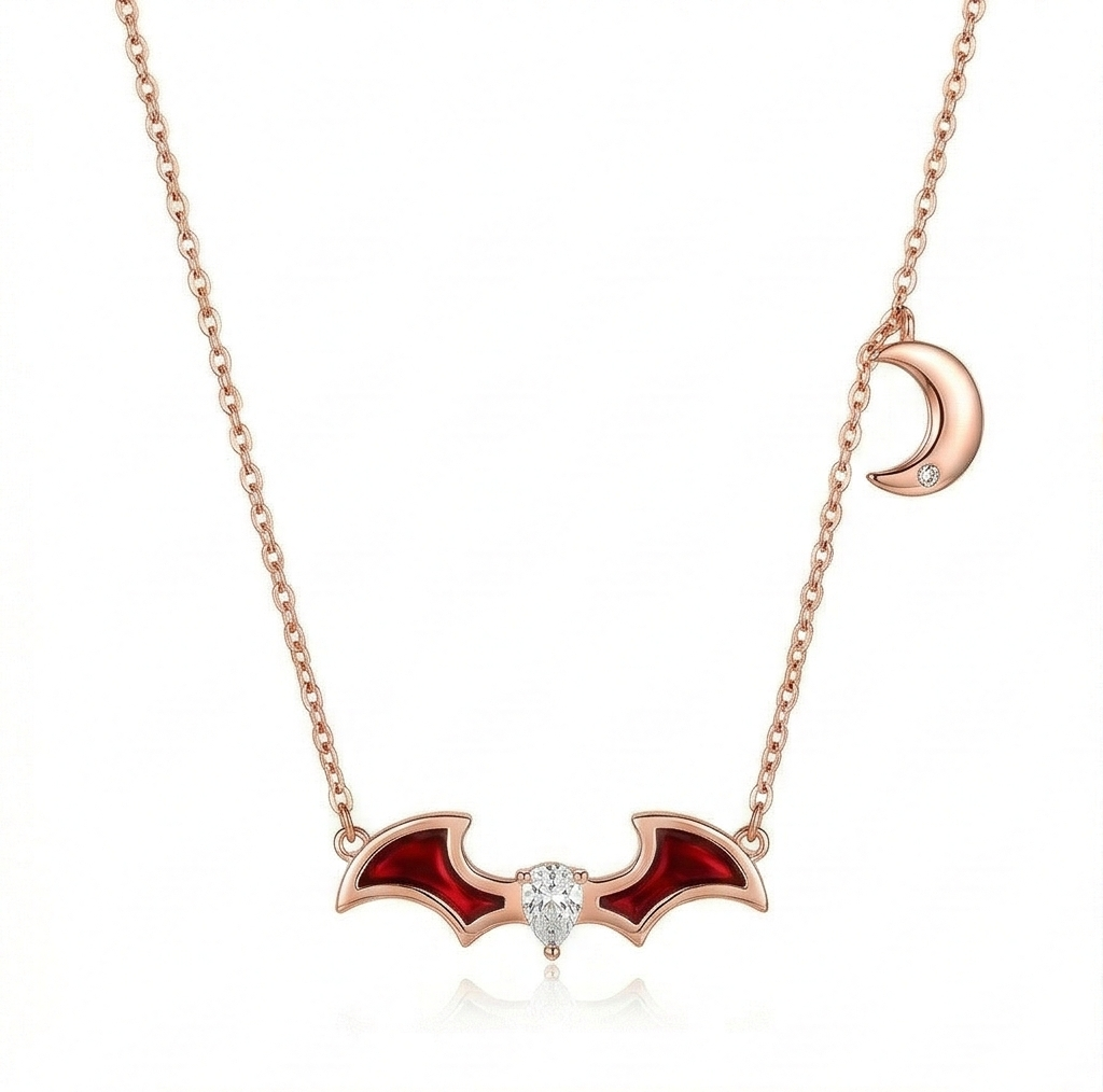 LUXE 925 Sterling Silver Red Enamel Bat Wing and Moon Pendant Necklace Rose Gold Finish Themed Jewellery