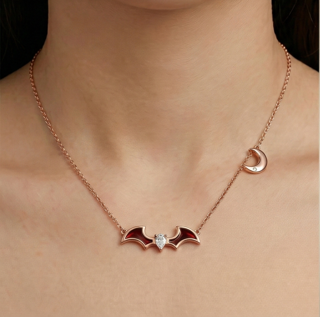 LUXE 925 Sterling Silver Red Enamel Bat Wing and Moon Pendant Necklace Rose Gold Finish Themed Jewellery