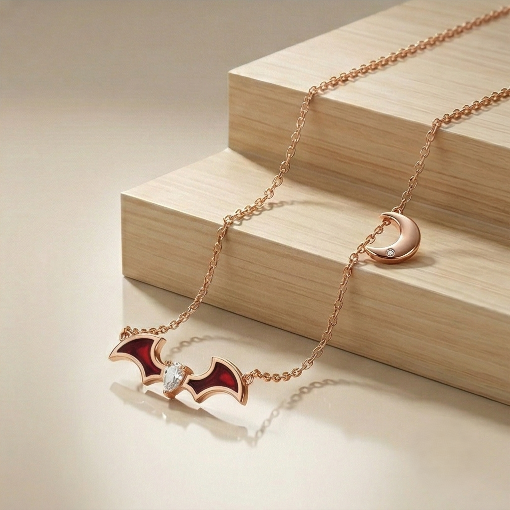 LUXE 925 Sterling Silver Red Enamel Bat Wing and Moon Pendant Necklace Rose Gold Finish Themed Jewellery