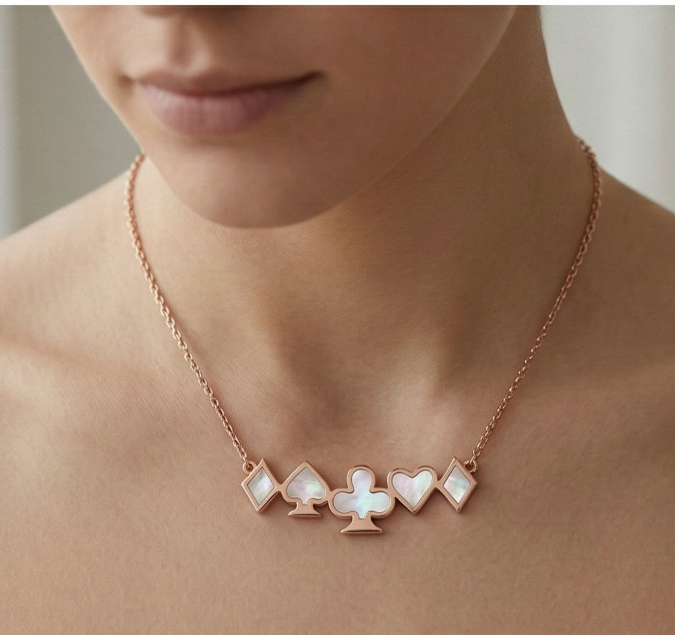 LUXE 925 Sterling Silver Rose Gold Plated Playing Card Suits Necklace Women's Jewellery