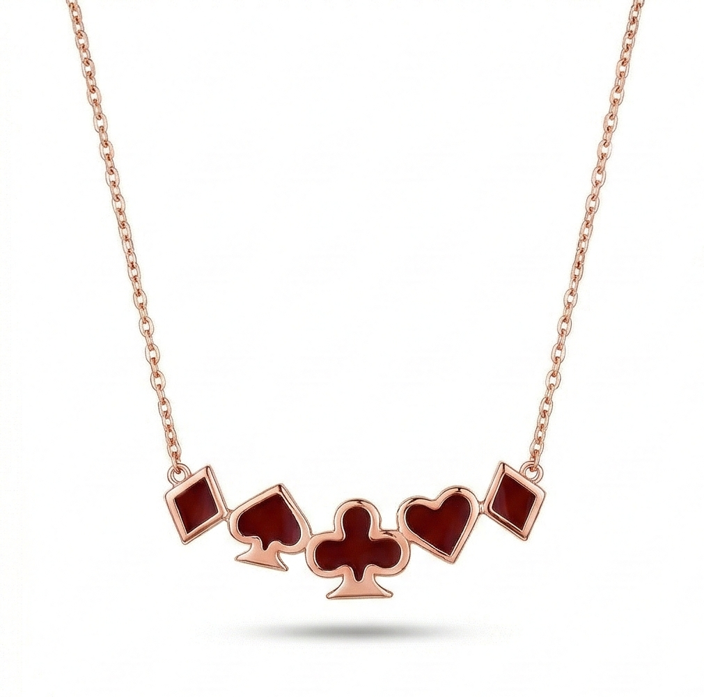 LUXE 925 Sterling Silver Rose Gold Plated Red Playing Card Suits Necklace Jewellery