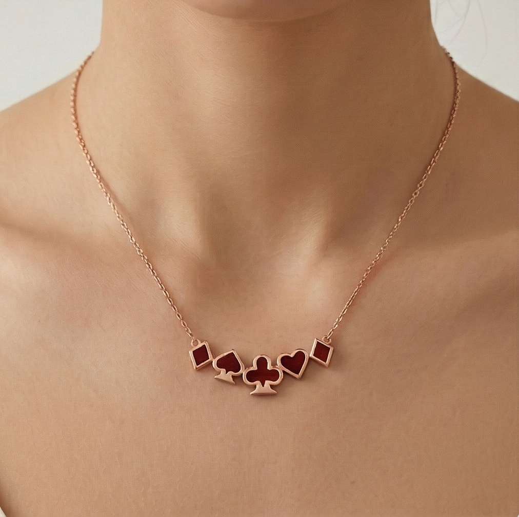 LUXE 925 Sterling Silver Rose Gold Plated Red Playing Card Suits Necklace Jewellery