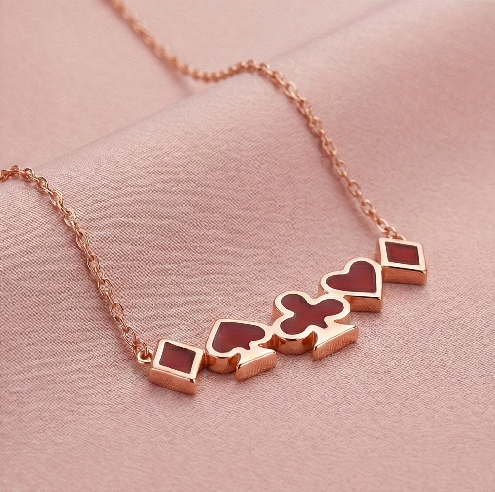 LUXE 925 Sterling Silver Rose Gold Plated Red Playing Card Suits Necklace Jewellery