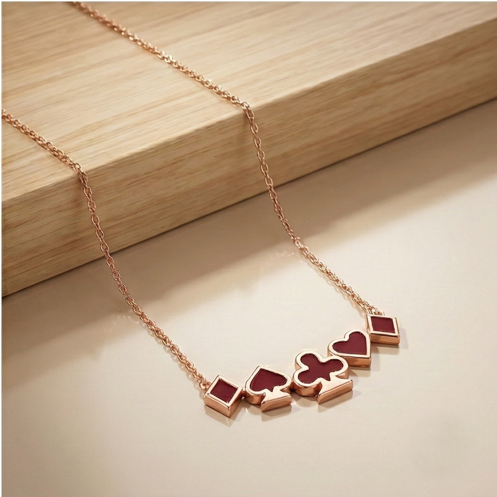 LUXE 925 Sterling Silver Rose Gold Plated Red Playing Card Suits Necklace Jewellery
