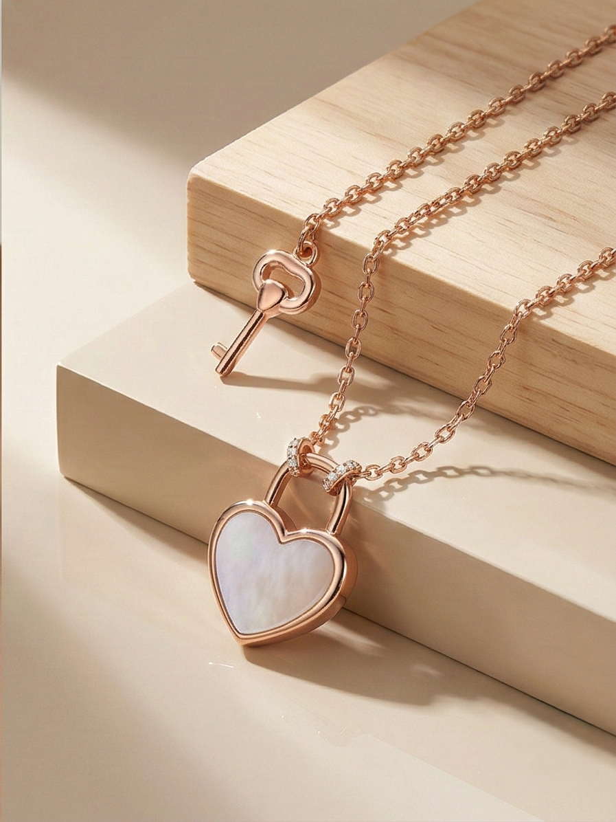 LUXE 925 Sterling Silver Rose Gold Plated Heart Lock and Key Pendant Necklace Jewellery