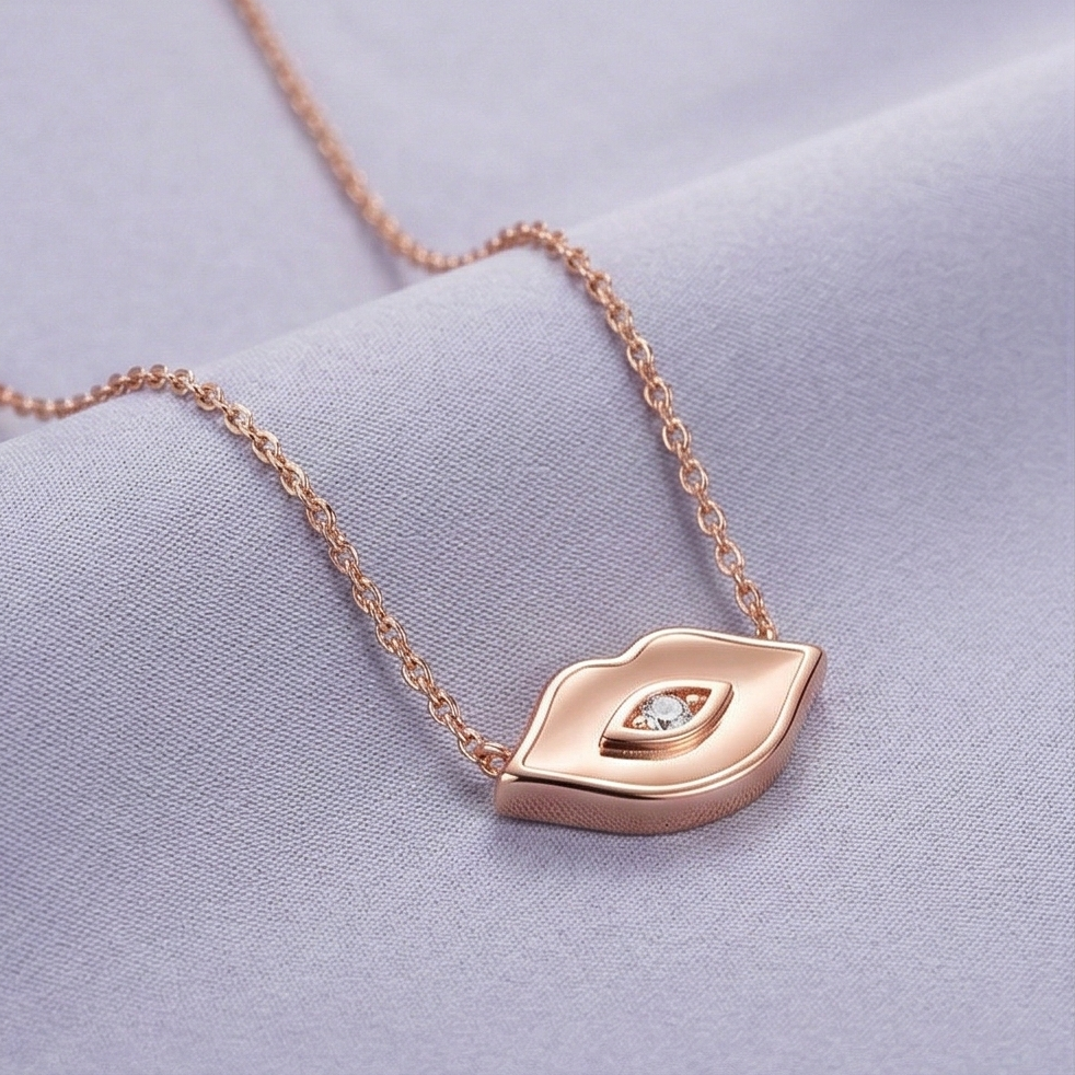 LUXE 925 Sterling Silver Rose Gold Plated Lips and Eye Motif Necklace Trendy Jewellery