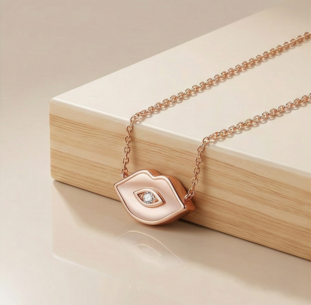 LUXE 925 Sterling Silver Rose Gold Plated Lips and Eye Motif Necklace Trendy Jewellery