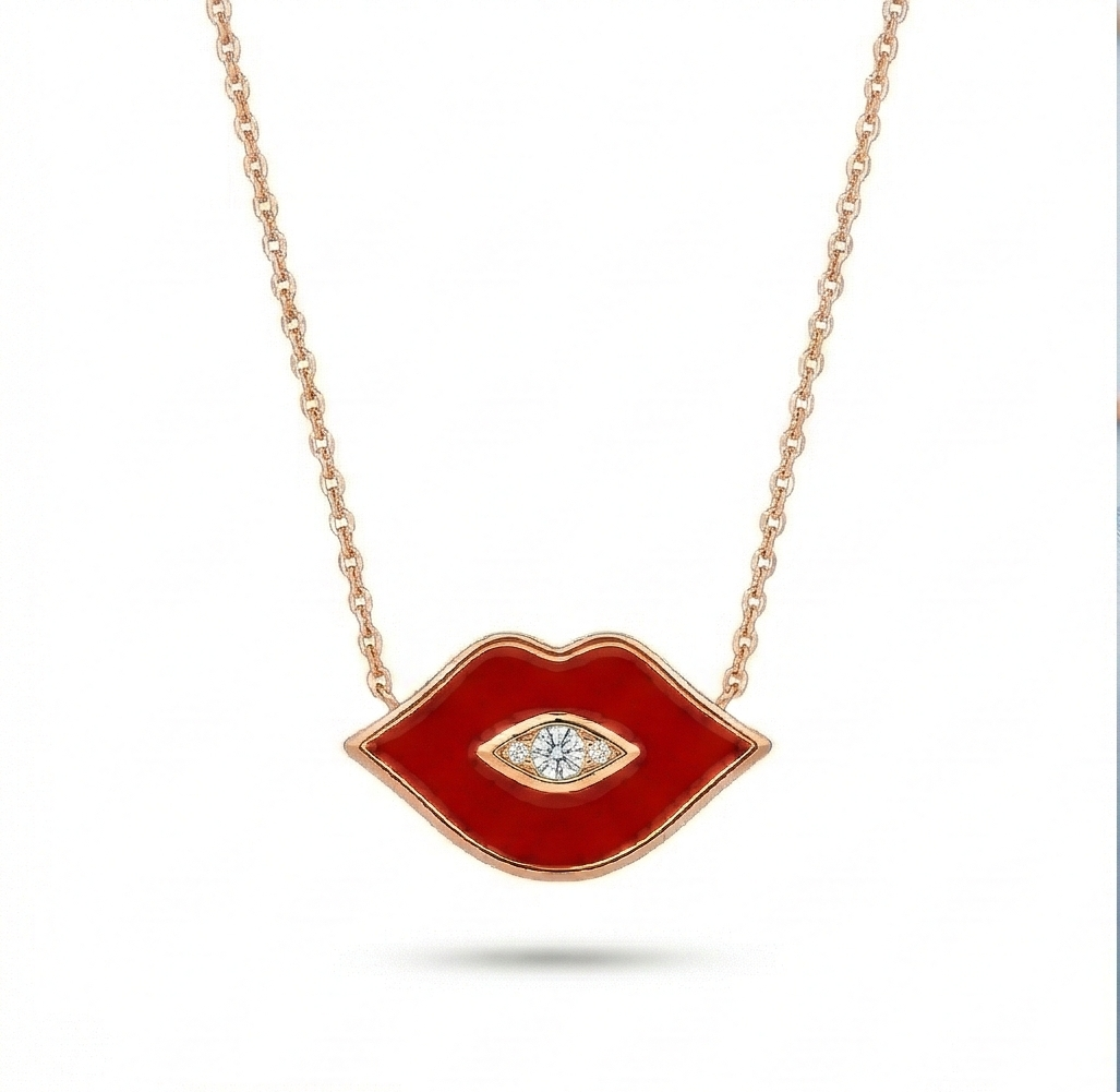 LUXE 925 Sterling Silver Rose Gold Plated Red Lips Evil Eye Necklace Quirky Jewellery
