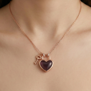 LUXE 925 Sterling Silver Rose Gold Plated Dark Heart Lock and Key Necklace Jewellery