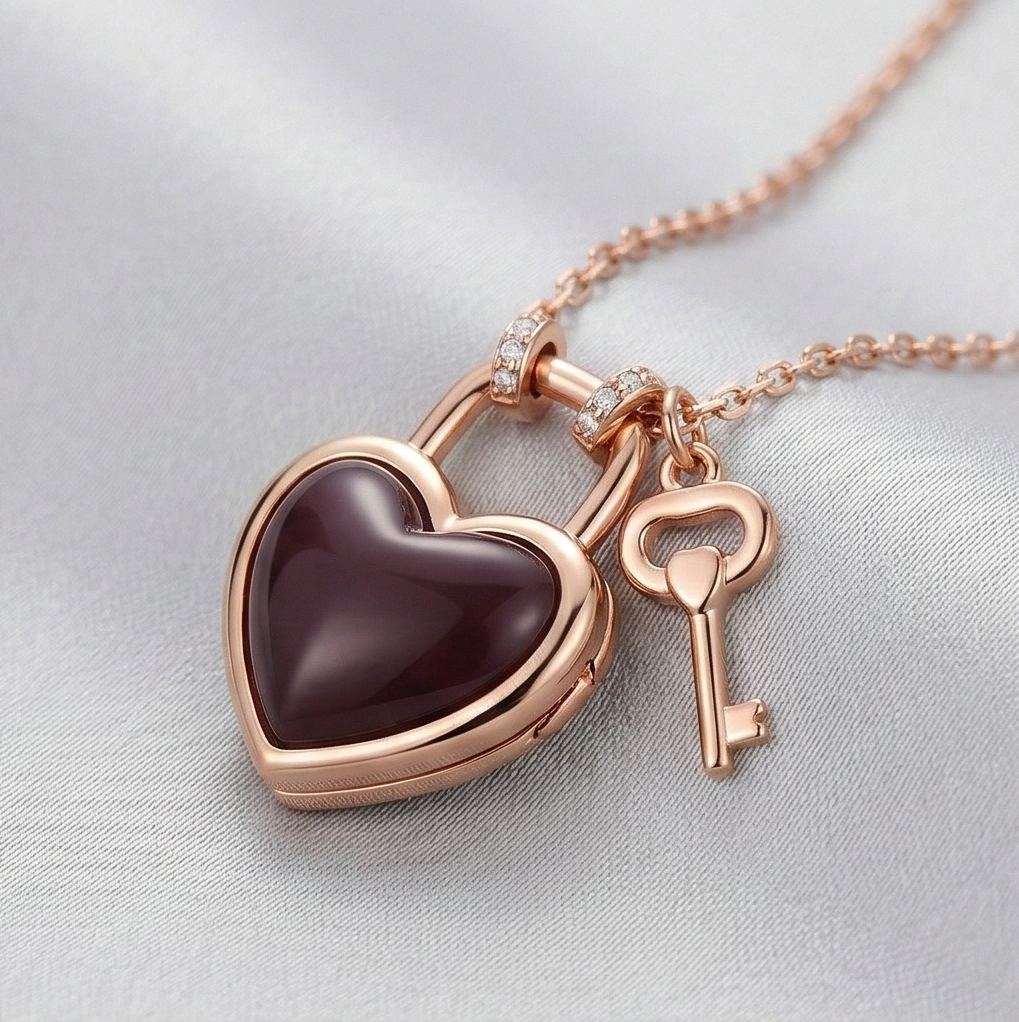 LUXE 925 Sterling Silver Rose Gold Plated Dark Heart Lock and Key Necklace Jewellery