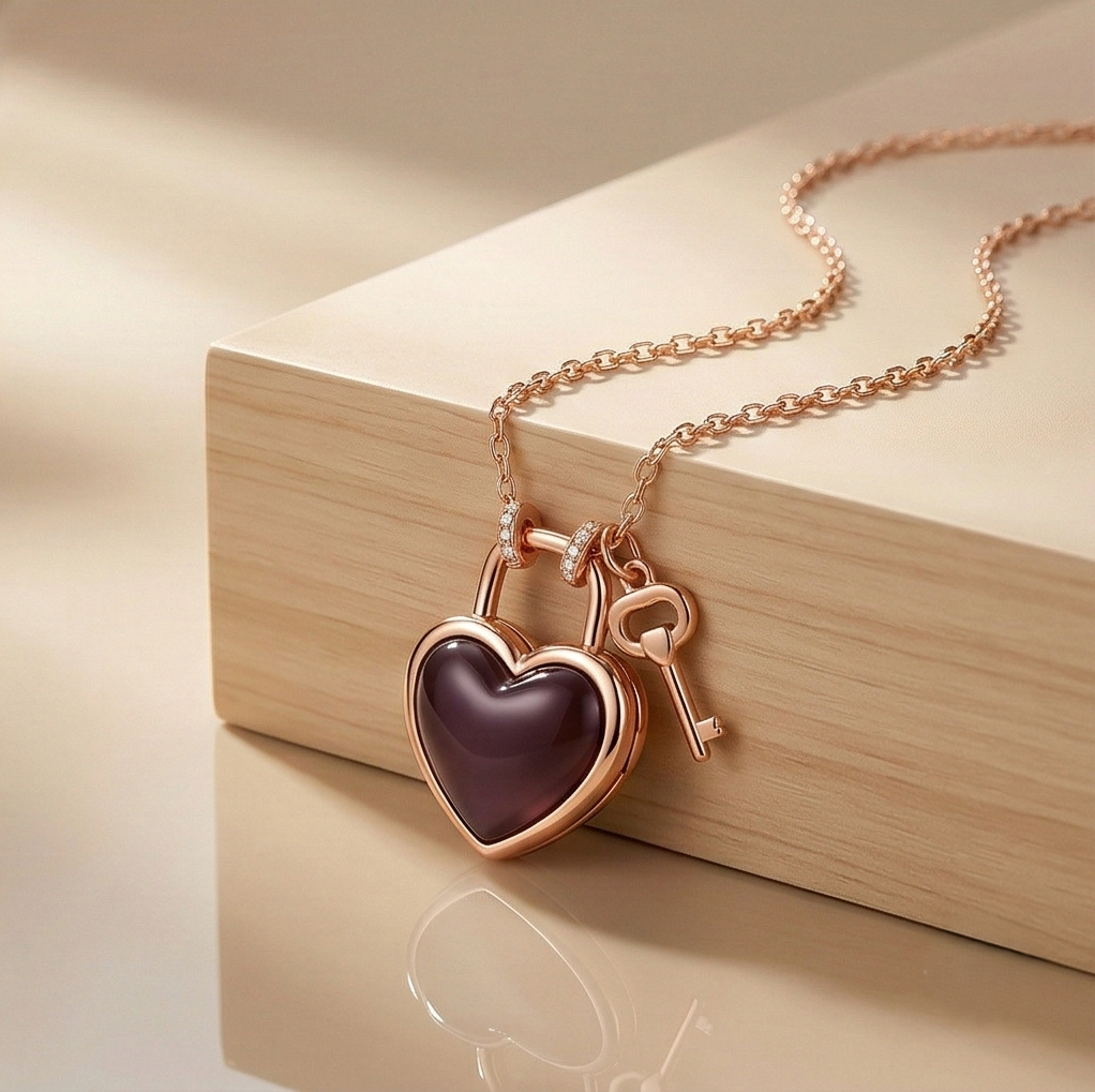 LUXE 925 Sterling Silver Rose Gold Plated Dark Heart Lock and Key Necklace Jewellery