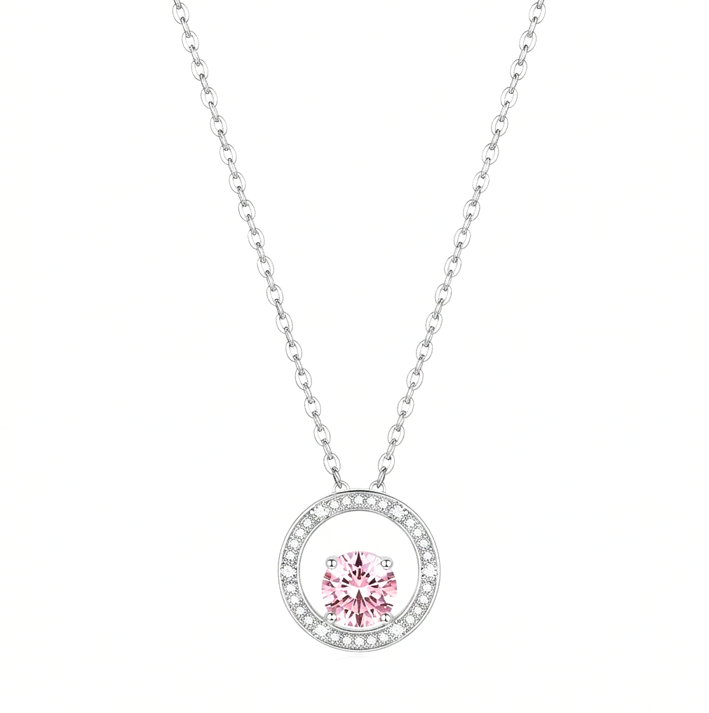 LUXE 925 Sterling Silver Rhodium Plated Pink Center Floating Halo Necklace Jewellery