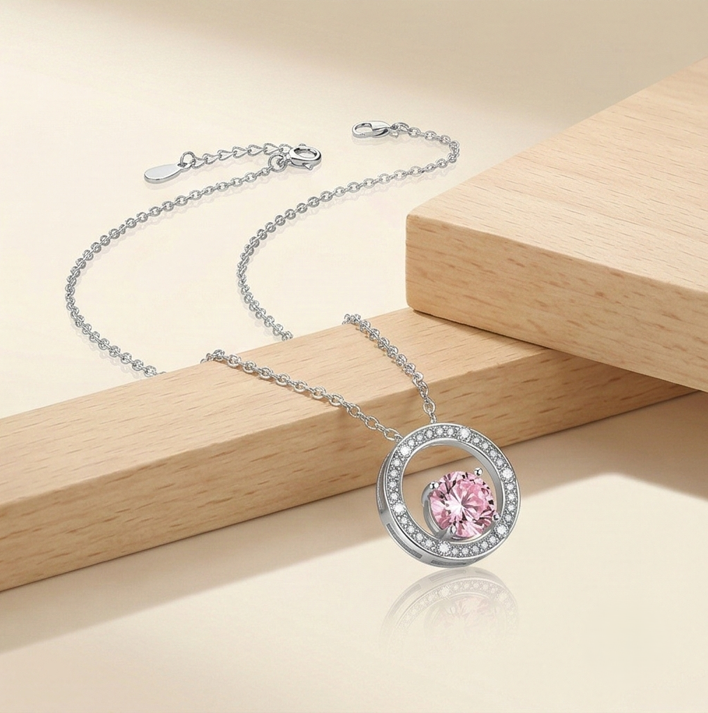 LUXE 925 Sterling Silver Rhodium Plated Pink Center Floating Halo Necklace Jewellery