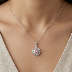LUXE 925 Sterling Silver Rhodium Plated Pink Stone Double Halo Pendant Necklace Jewellery