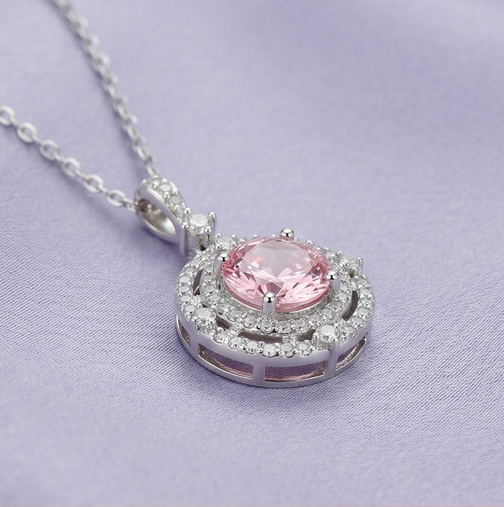 LUXE 925 Sterling Silver Rhodium Plated Pink Stone Double Halo Pendant Necklace Jewellery