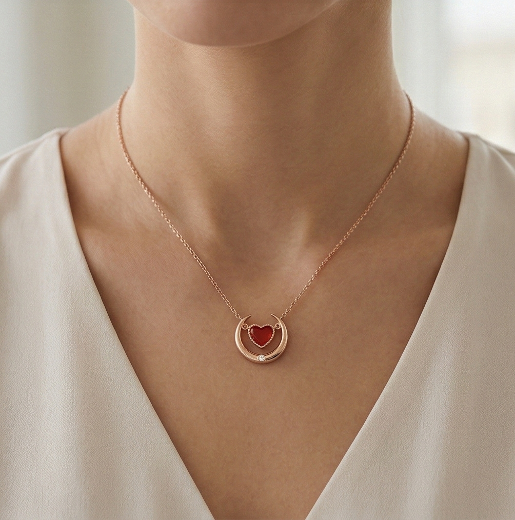 LUXE 925 Sterling Silver Rose Gold Plated Crescent Moon and Red Heart Necklace Jewellery