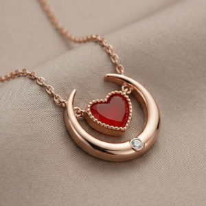 LUXE 925 Sterling Silver Rose Gold Plated Crescent Moon and Red Heart Necklace Jewellery