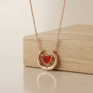 LUXE 925 Sterling Silver Rose Gold Plated Crescent Moon and Red Heart Necklace Jewellery
