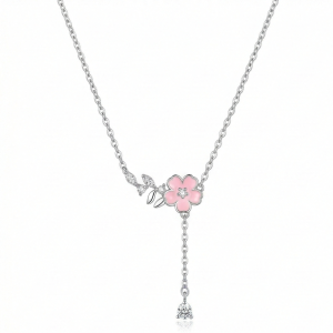 LUXE 925 Sterling Silver Rhodium Plated Pink Flower Drop Lariat Necklace Jewellery