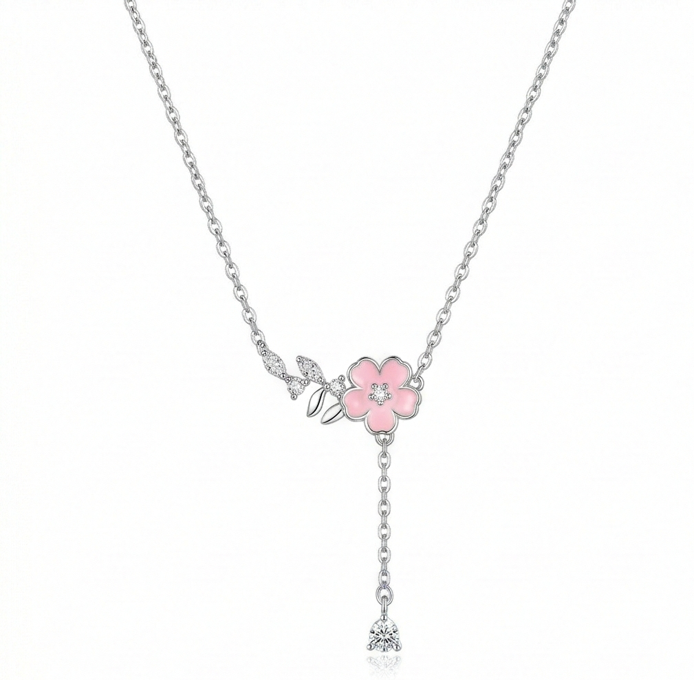 LUXE 925 Sterling Silver Rhodium Plated Pink Flower Drop Lariat Necklace Jewellery