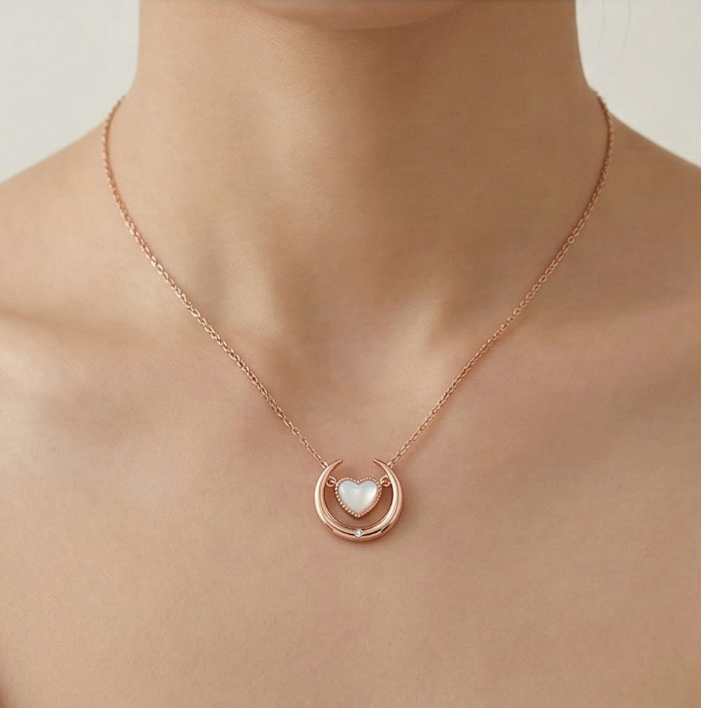 LUXE 925 Sterling Silver Crescent Moon and Heart Pearl Pendant Necklace Rose Gold Finish Fine Jewellery for Women