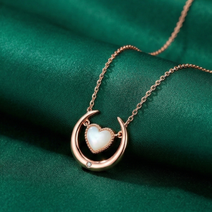LUXE 925 Sterling Silver Crescent Moon and Heart Pearl Pendant Necklace Rose Gold Finish Fine Jewellery for Women