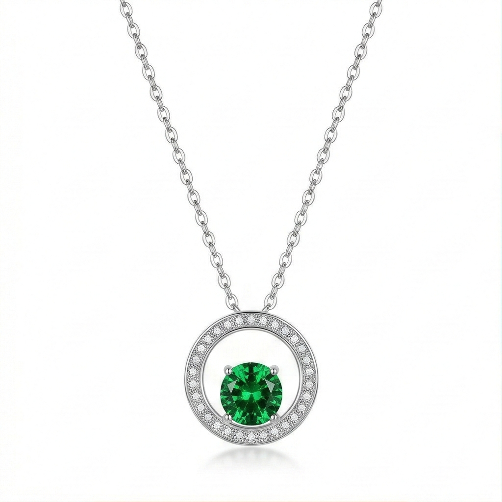 LUXE 925 Sterling Silver Green Halo Circle Pendant Necklace High Polish Rhodium Finish Fine Jewellery for Women