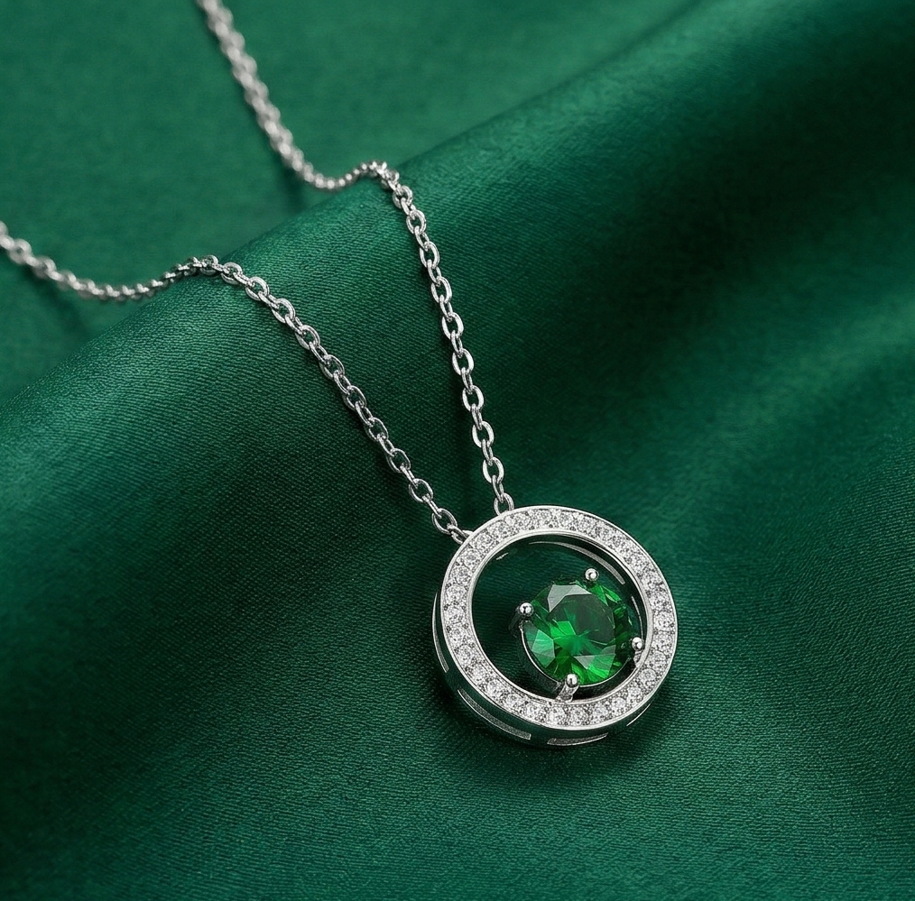 LUXE 925 Sterling Silver Green Halo Circle Pendant Necklace High Polish Rhodium Finish Fine Jewellery for Women