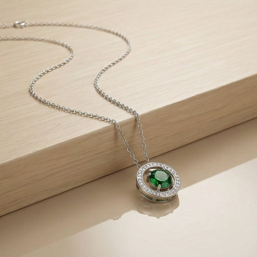 LUXE 925 Sterling Silver Green Halo Circle Pendant Necklace High Polish Rhodium Finish Fine Jewellery for Women