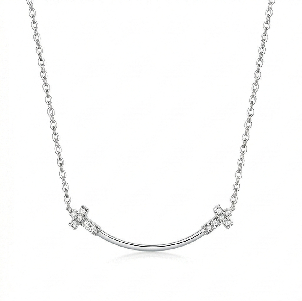 LUXE 925 Sterling Silver Curved Smile Cross Pendant Necklace High Polish Rhodium Finish Fine Jewellery for Women
