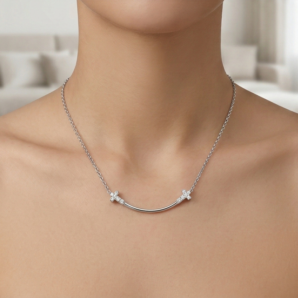 LUXE 925 Sterling Silver Curved Smile Cross Pendant Necklace High Polish Rhodium Finish Fine Jewellery for Women