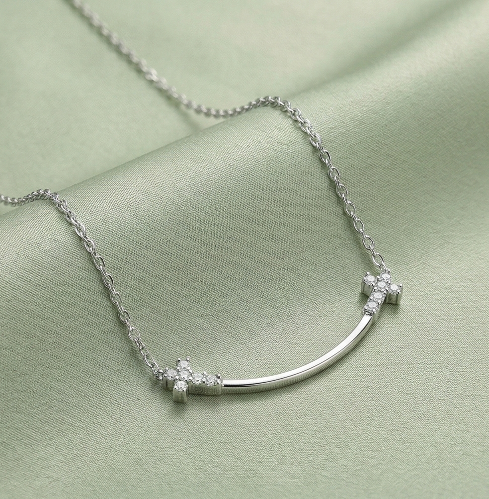 LUXE 925 Sterling Silver Curved Smile Cross Pendant Necklace High Polish Rhodium Finish Fine Jewellery for Women