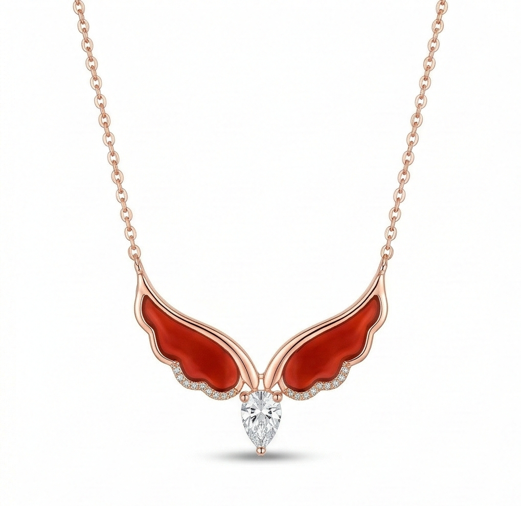 LUXE 925 Sterling Silver Red Wing Teardrop Pendant Necklace Rose Gold Finish Fine Jewellery for Women