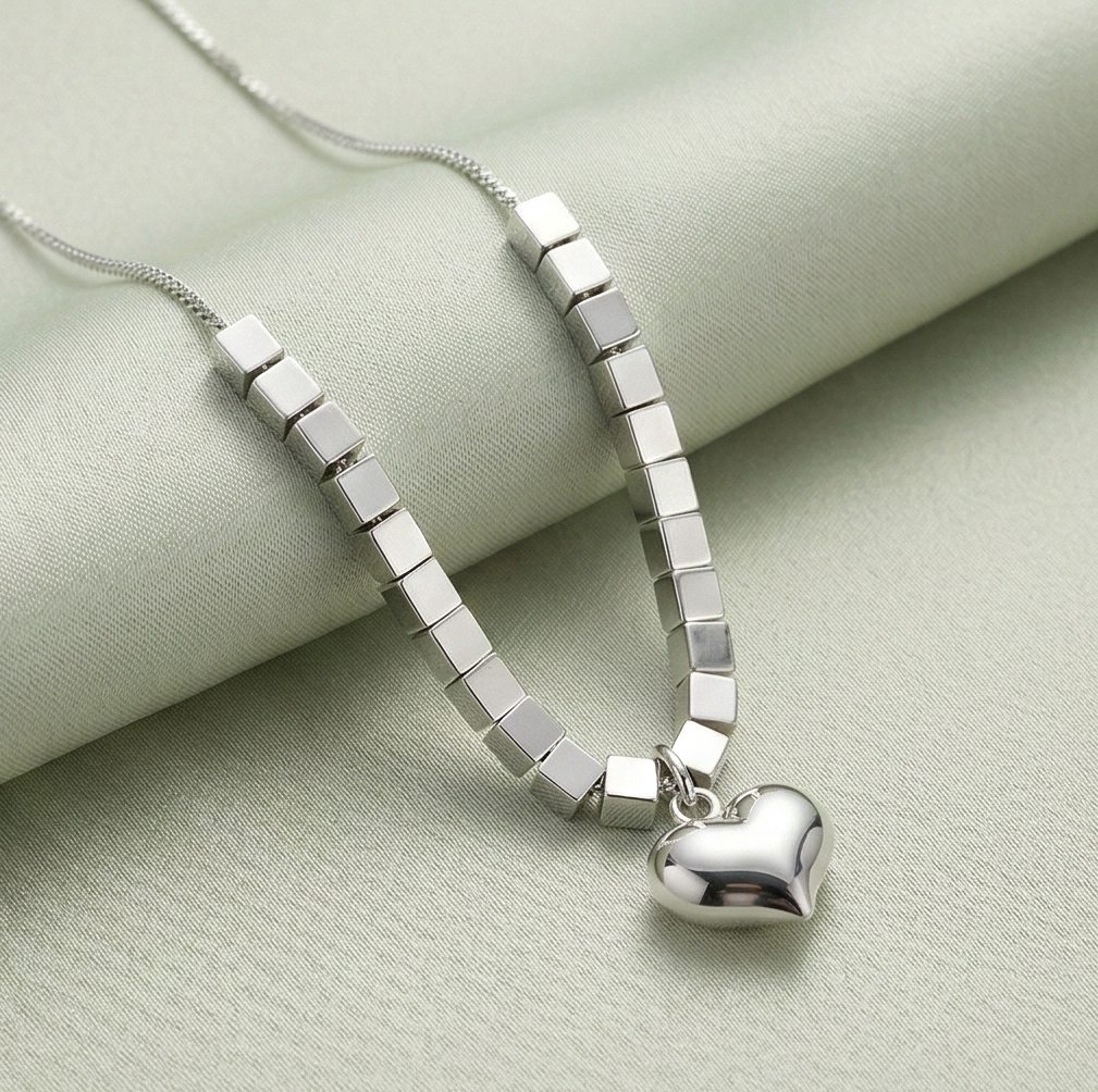 LUXE 925 Sterling Silver Puffed Heart Cube Link Pendant Necklace High Polish Rhodium Finish Fine Jewellery for Women