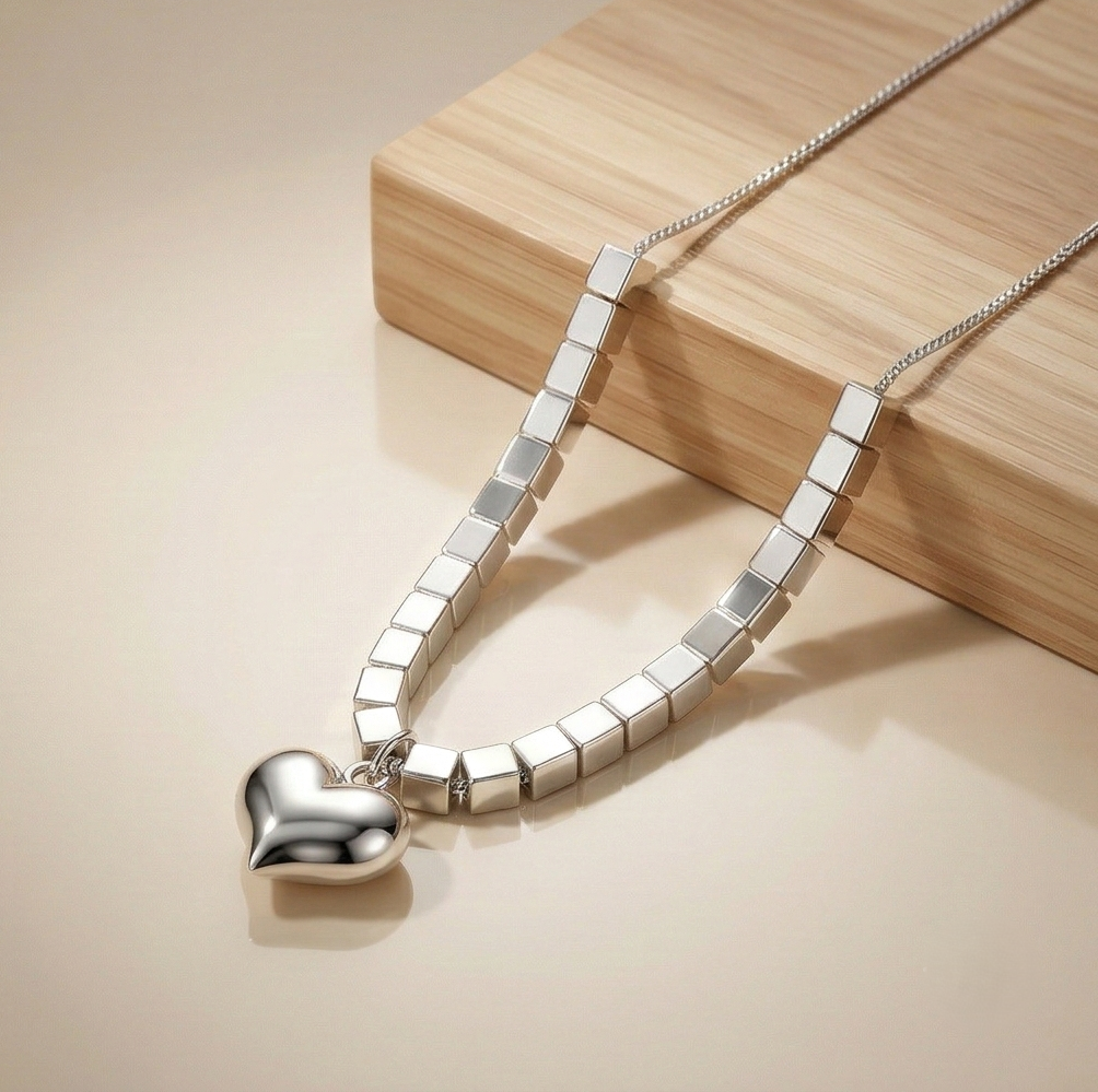 LUXE 925 Sterling Silver Puffed Heart Cube Link Pendant Necklace High Polish Rhodium Finish Fine Jewellery for Women