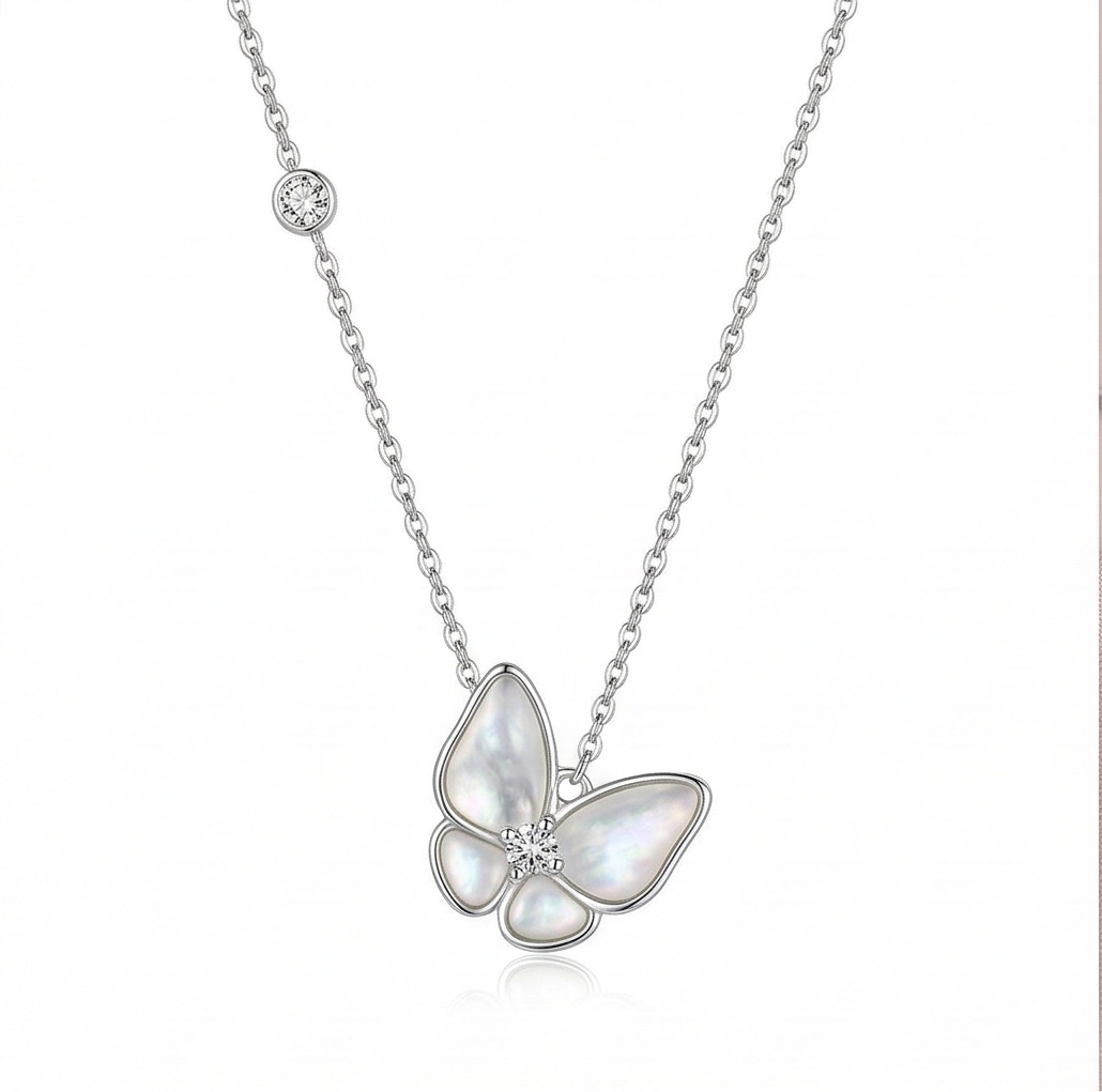 LUXE 925 Sterling Silver Delicate Butterfly Pendant Necklace High Polish Rhodium Fine Jewellery