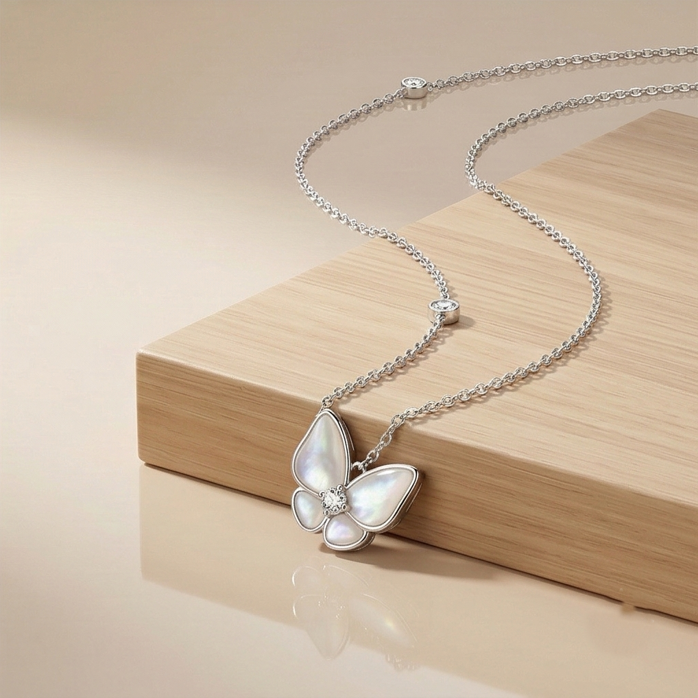 LUXE 925 Sterling Silver Delicate Butterfly Pendant Necklace High Polish Rhodium Fine Jewellery