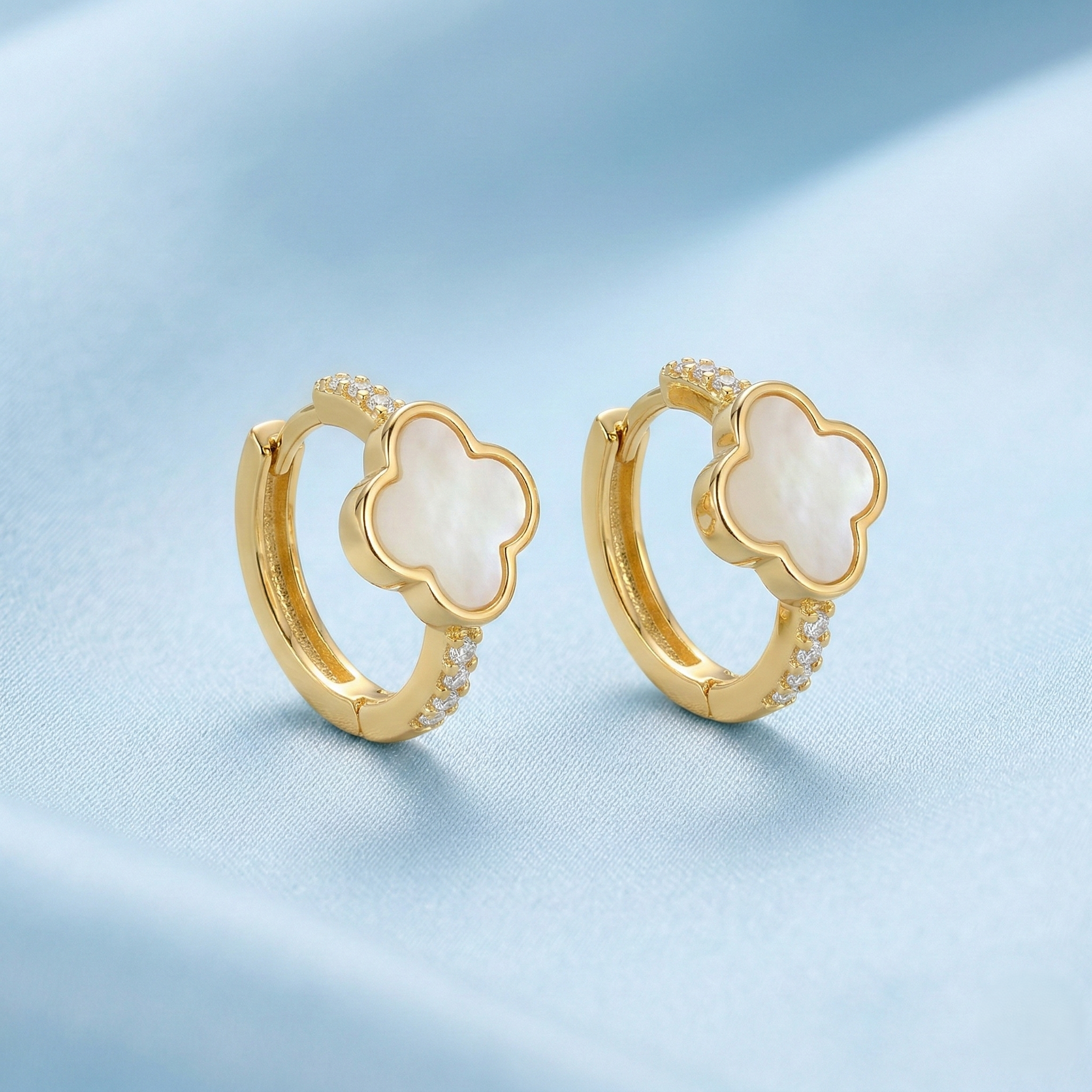 LUXE 925 Sterling Silver Clover Mother of Pearl Huggie Hoop Earrings Yellow Gold Finish Fine Jewellery for Women