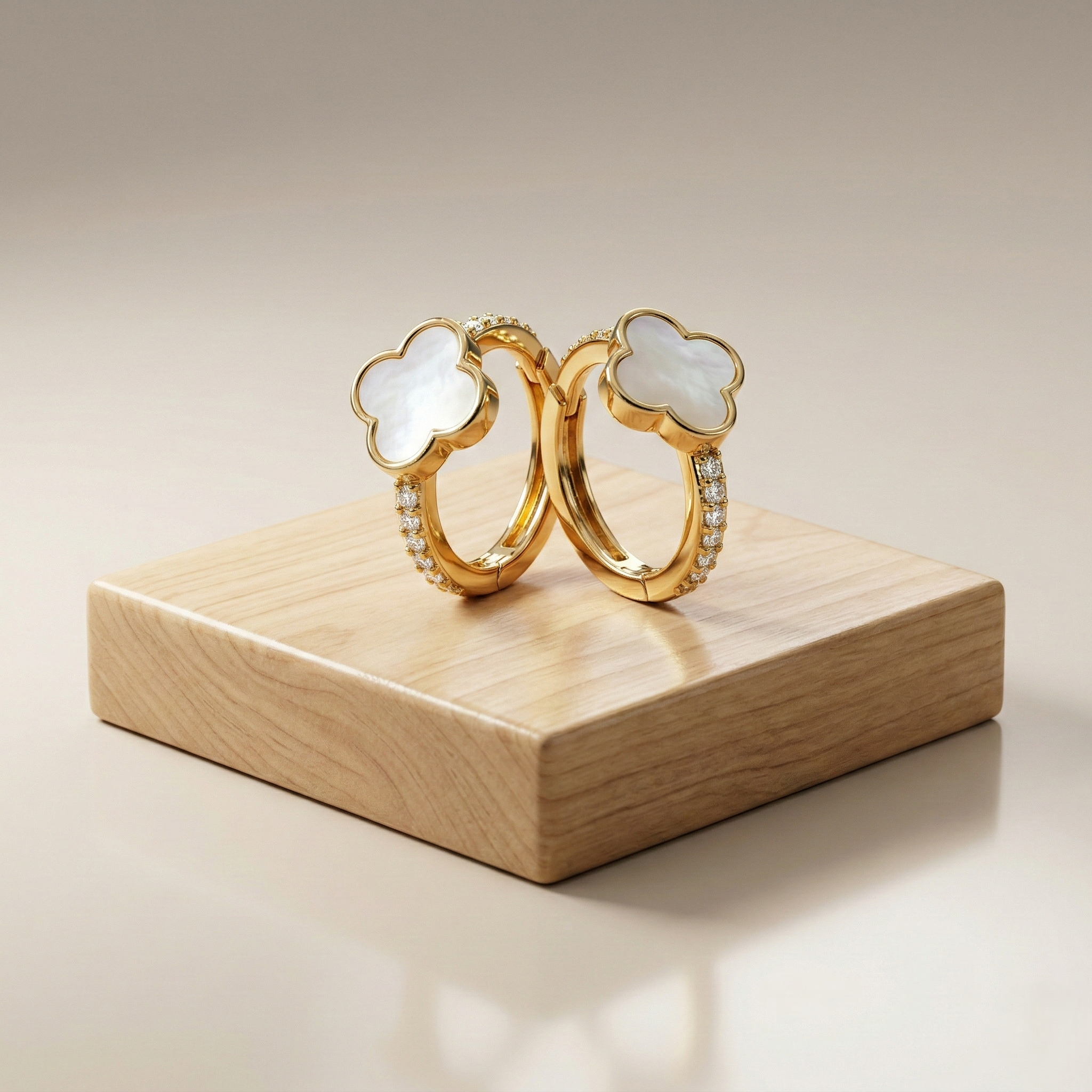 LUXE 925 Sterling Silver Clover Mother of Pearl Huggie Hoop Earrings Yellow Gold Finish Fine Jewellery for Women
