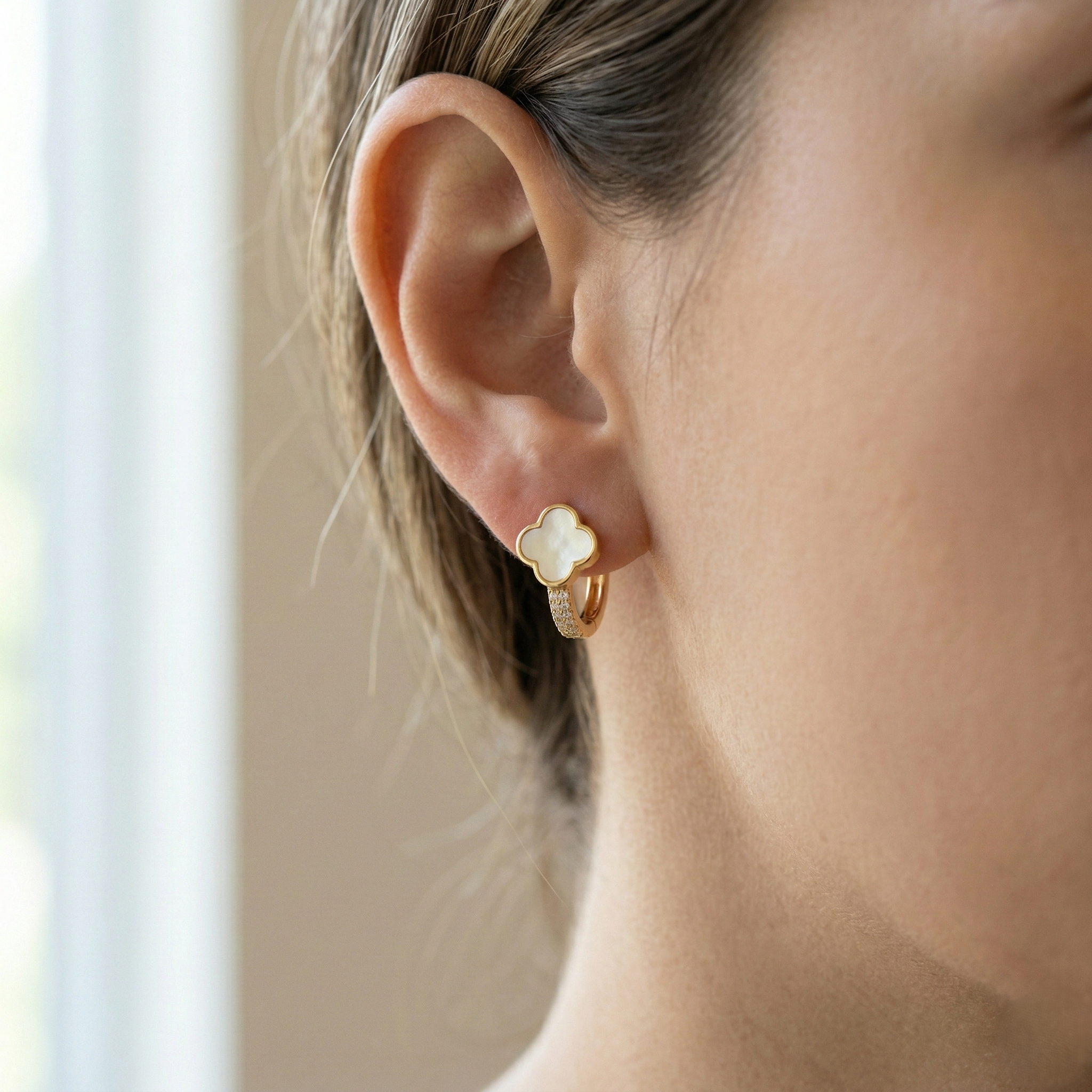 LUXE 925 Sterling Silver Clover Mother of Pearl Huggie Hoop Earrings Yellow Gold Finish Fine Jewellery for Women