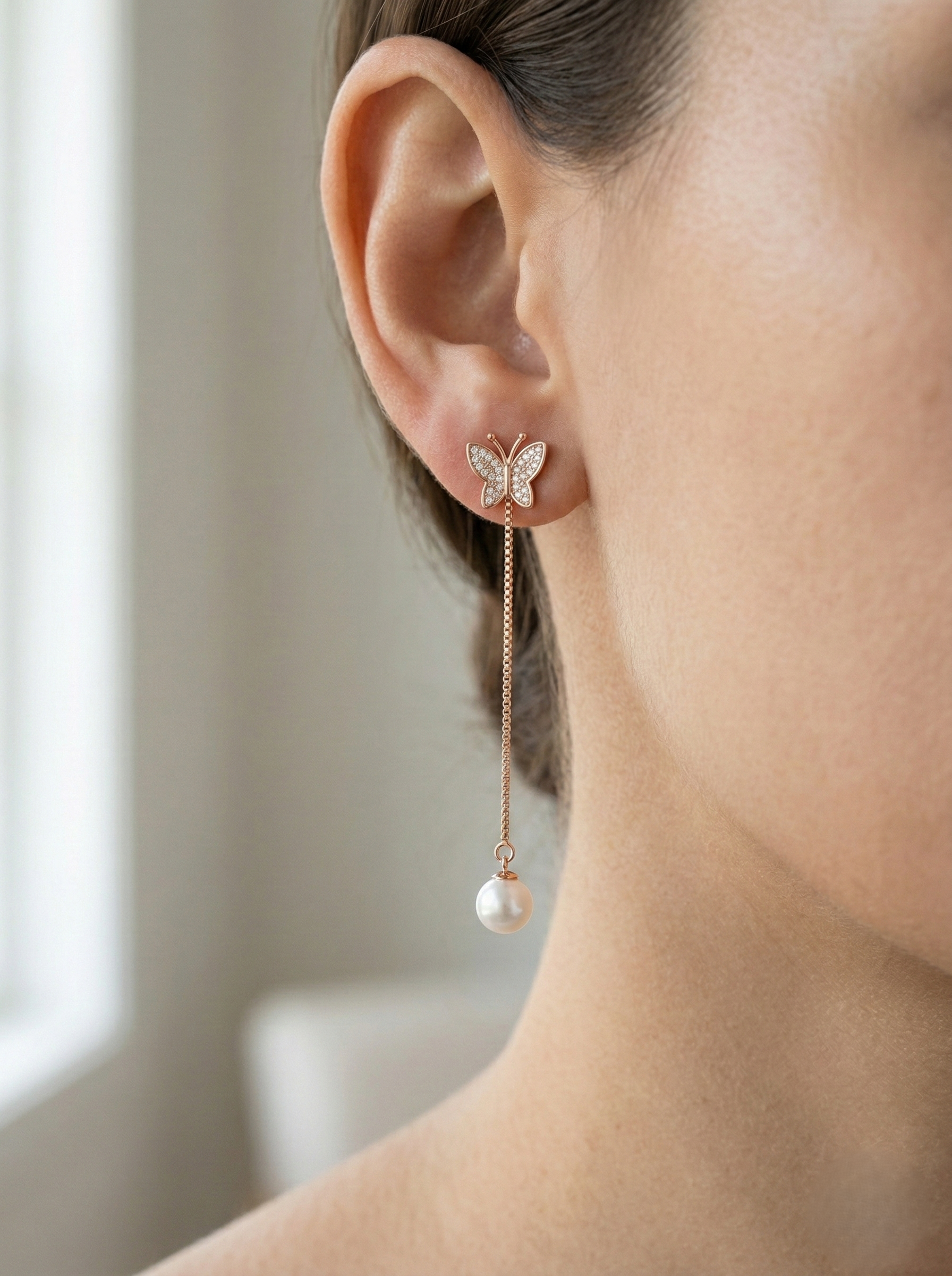 LUXE 925 Sterling Silver Butterfly Pearl Drop Dangle Earrings Rose Gold Finish Fine Jewellery for Women