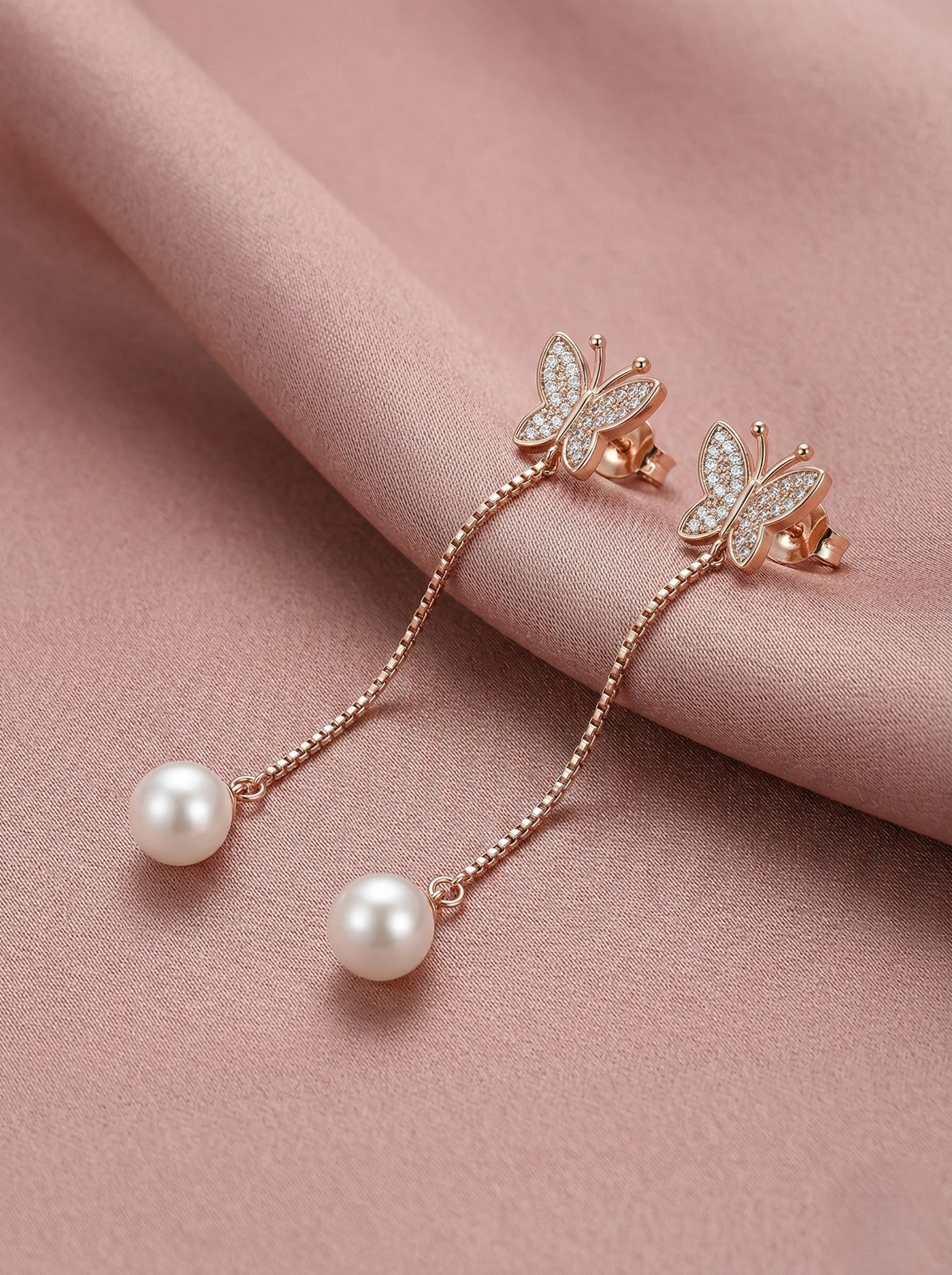 LUXE 925 Sterling Silver Butterfly Pearl Drop Dangle Earrings Rose Gold Finish Fine Jewellery for Women