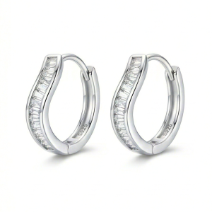 LUXE 925 Sterling Silver High Polish Rhodium Wavy Baguette Huggie Hoop Earrings Modern Minimalist Jewellery