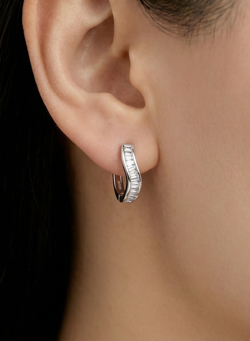 LUXE 925 Sterling Silver High Polish Rhodium Wavy Baguette Huggie Hoop Earrings Modern Minimalist Jewellery