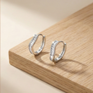 LUXE 925 Sterling Silver High Polish Rhodium Wavy Baguette Huggie Hoop Earrings Modern Minimalist Jewellery