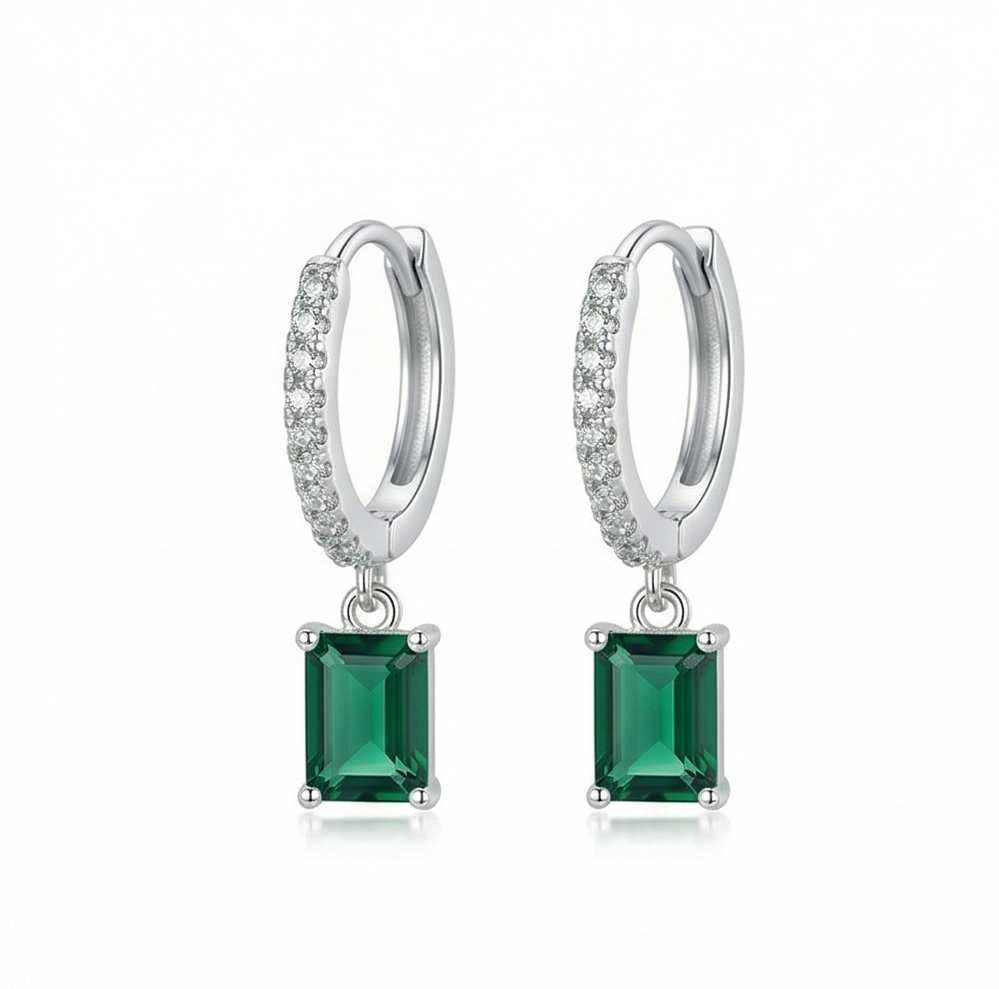 LUXE 925 Sterling Silver Emerald Cut Green Drop Hoop Earrings Jewellery for Women
