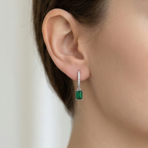 LUXE 925 Sterling Silver Emerald Cut Green Drop Hoop Earrings Jewellery for Women