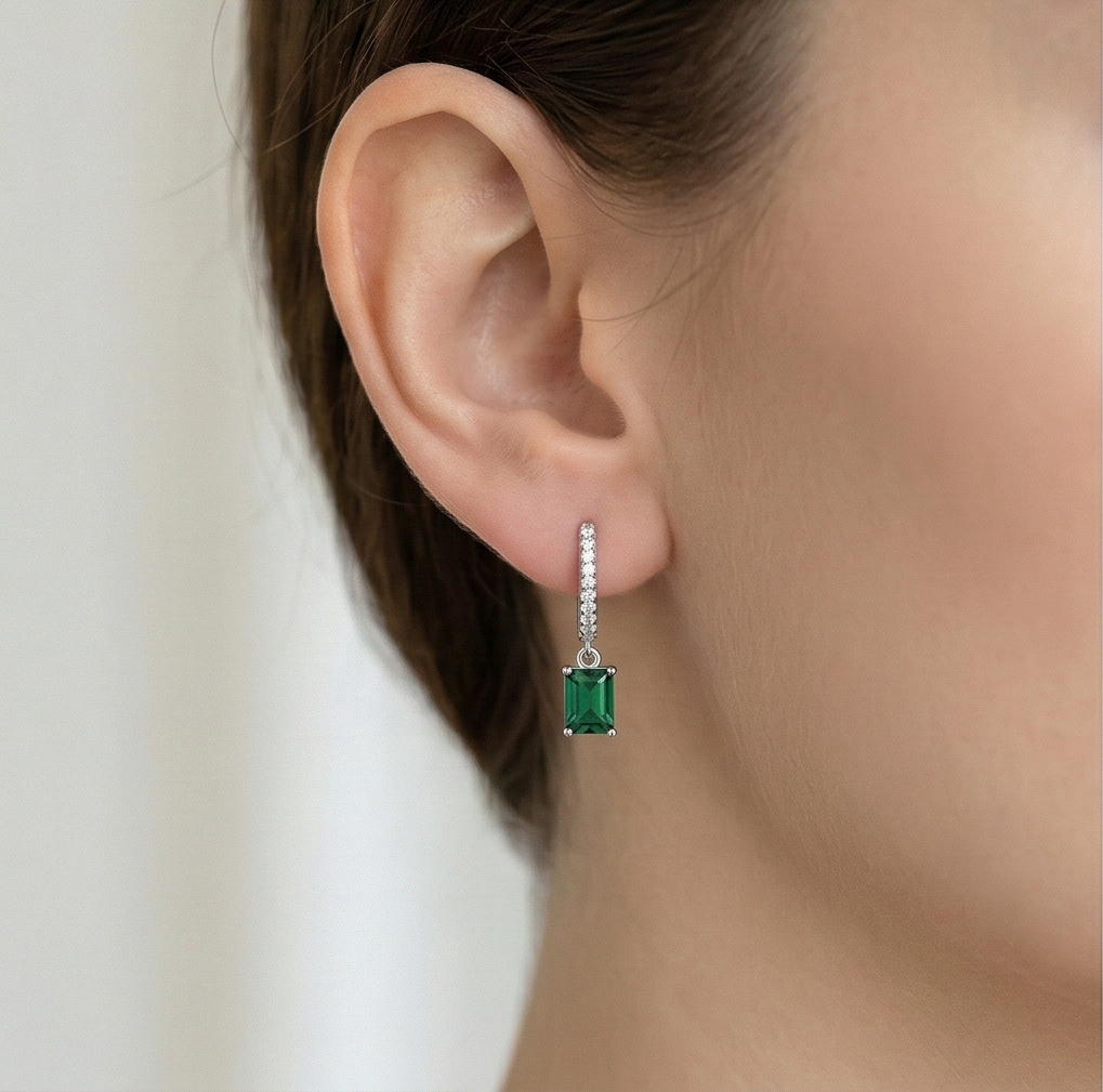 LUXE 925 Sterling Silver Emerald Cut Green Drop Hoop Earrings Jewellery for Women